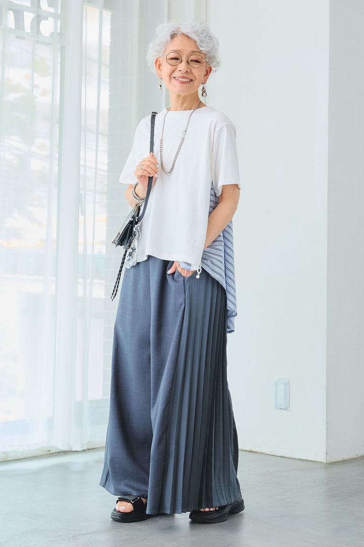 【SET】ストライプドッキングバックロングT+サイドプリーツワイドパンツ(2set)