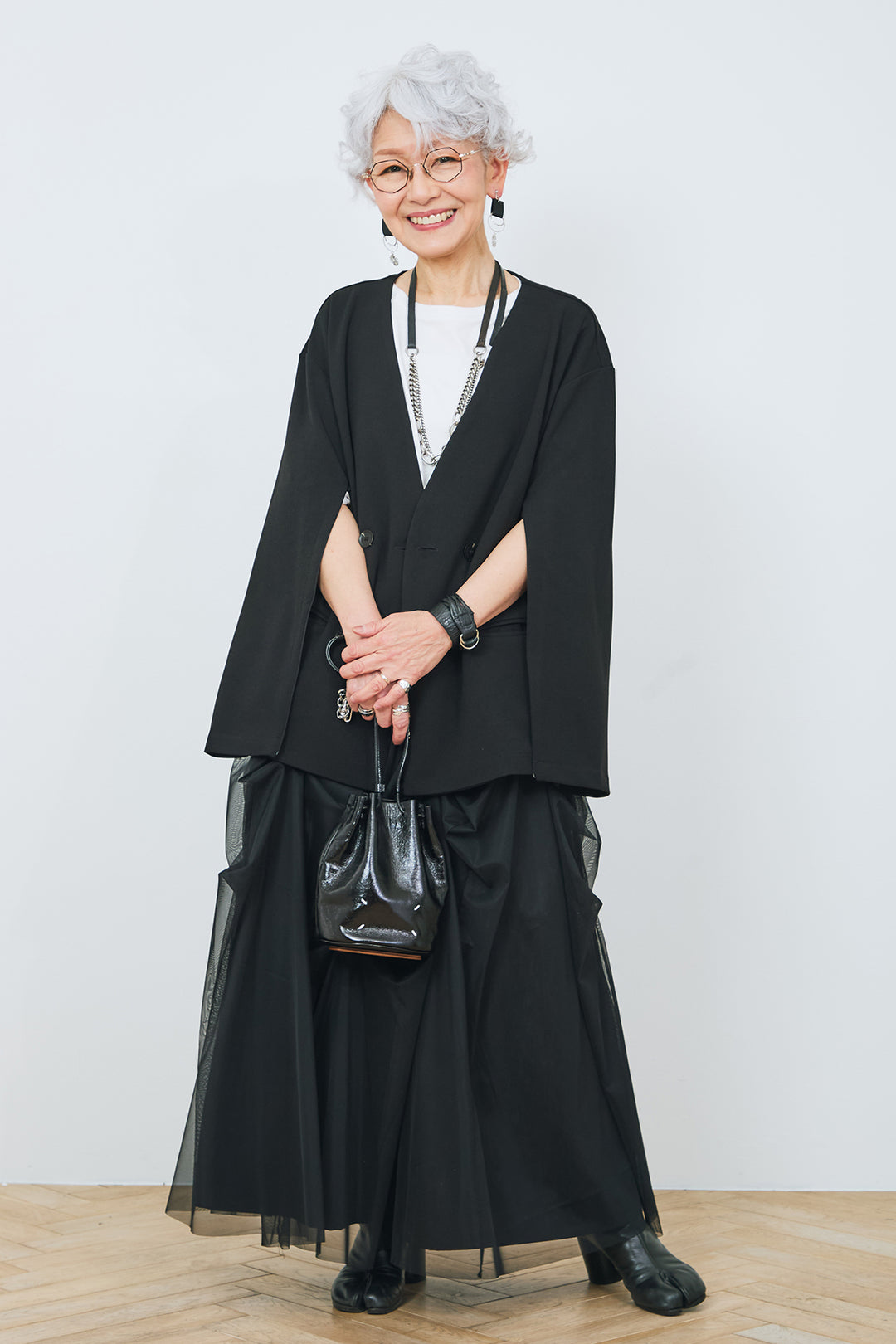 【SET】アシンメトリーロンT+袖2wayスリットノーカラージャケット+チュールタックギャザースカート(3set)
