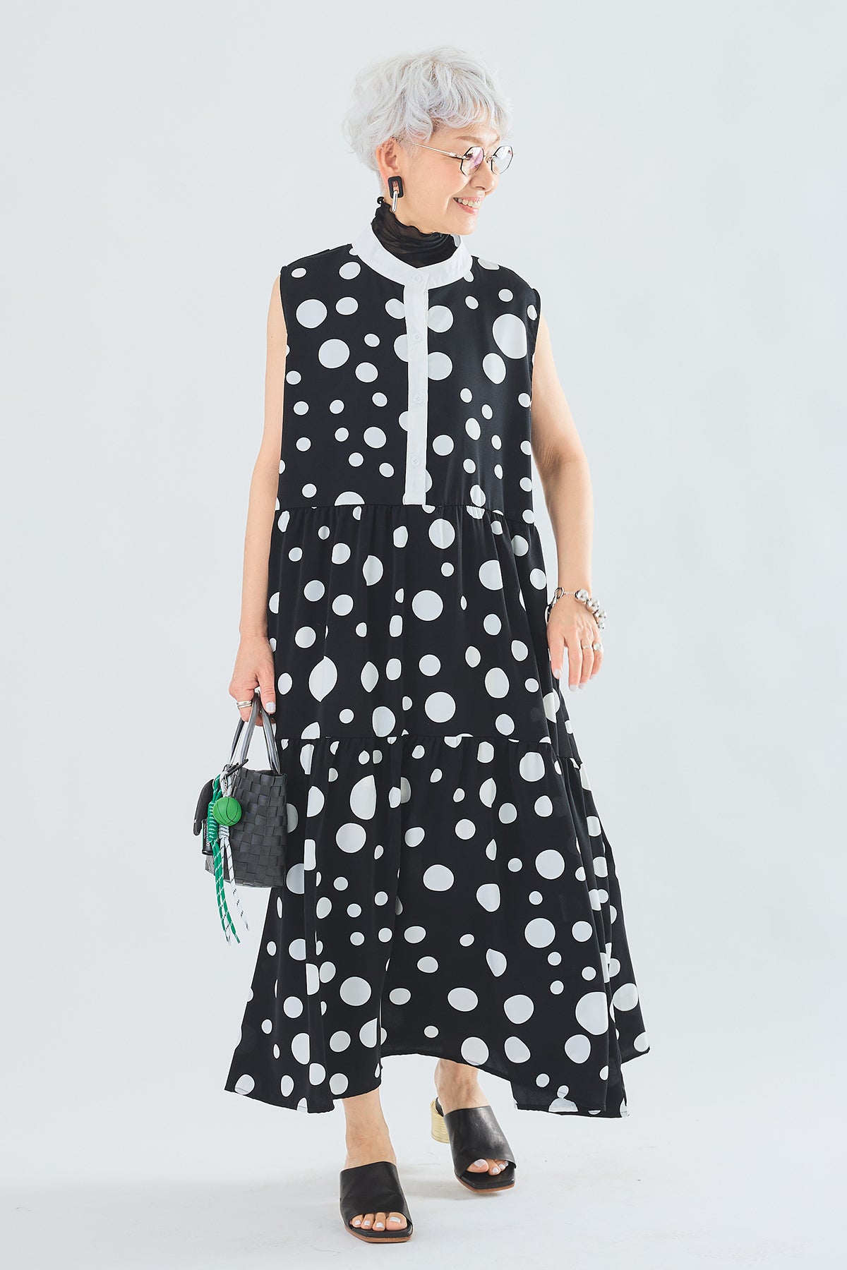 SET】シアーハイネックノースリトップス+ドットノースリーブ