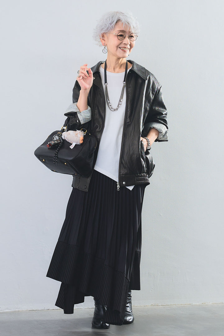 【SET】アシンメトリーロンT+ヴィンテージグロッシーエコレザージャケット+アシンメトリープリーツスカート(3set)