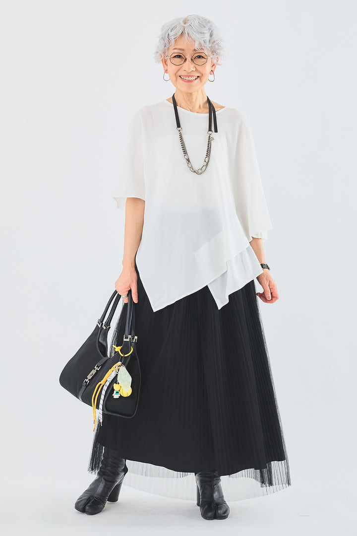 【SET】ジョーゼットシフォンケープアシンメトリーブラウス+シアーチュールプリーツスカート(2set)