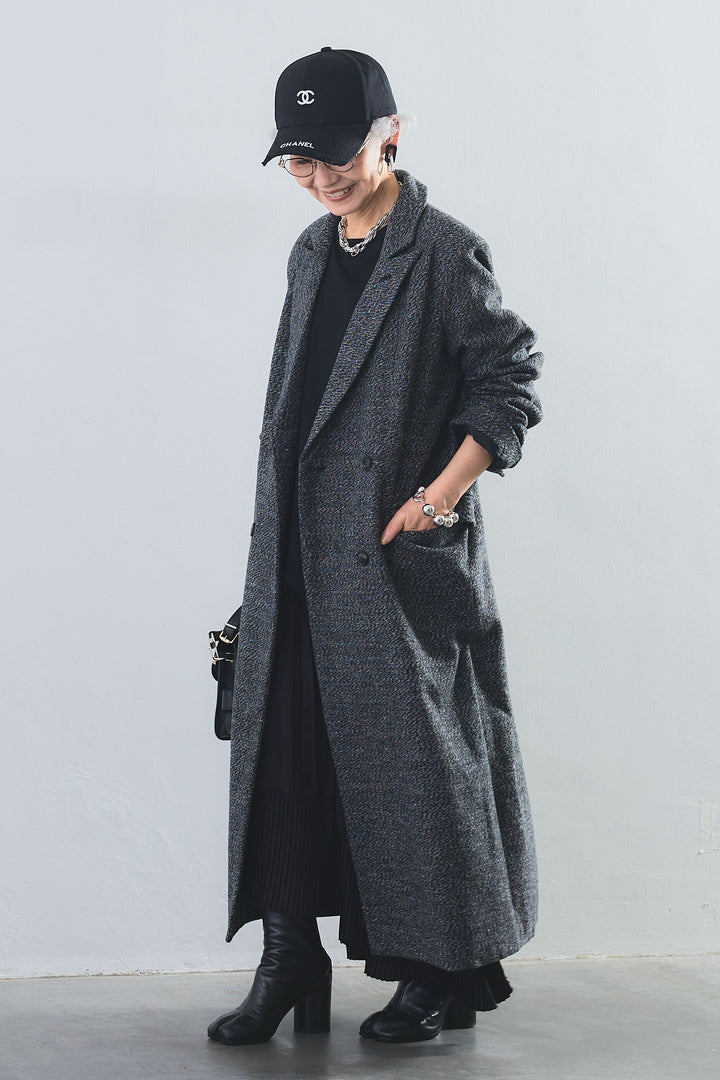 【SET】アシンメトリーロンT+ツイードロングチェスターコート+アシンメトリープリーツスカート(3set)