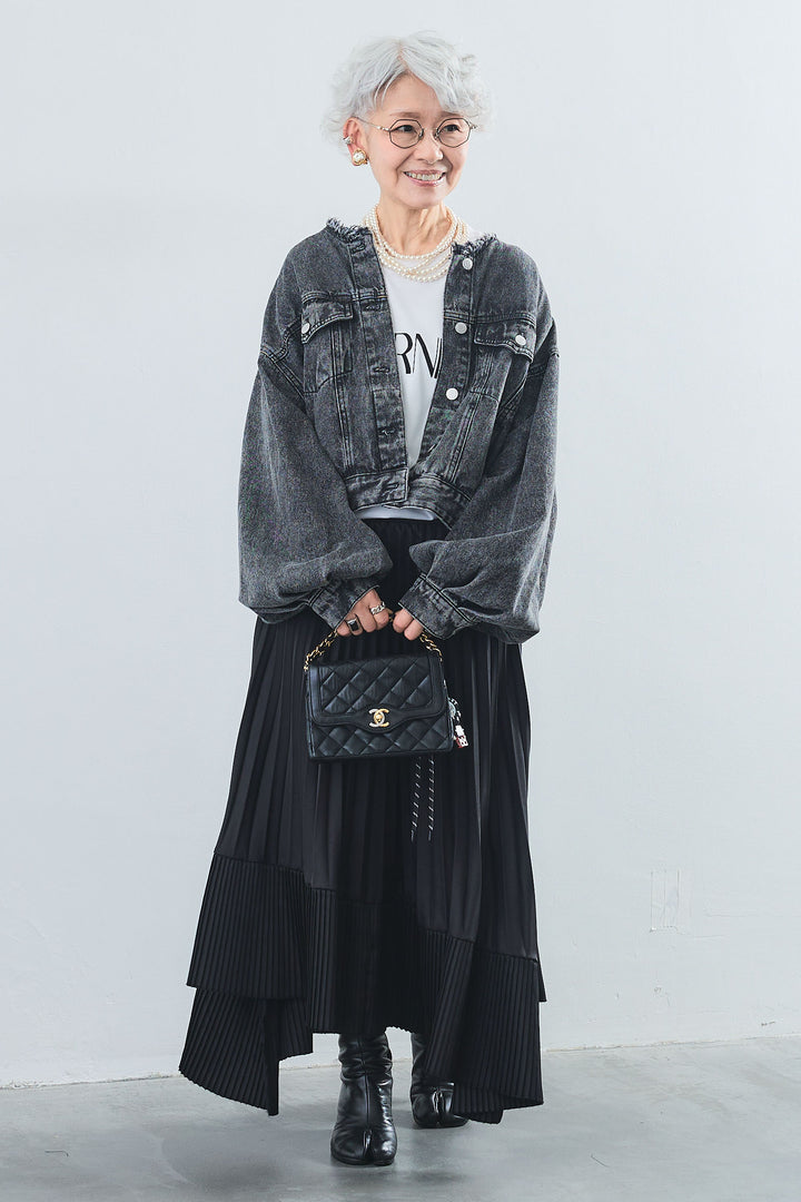 【SET】"JOURNÉE"フロッキーロゴフレンチスリーブT+ボリュームスリーブノーカラーデニムジャケット+アシンメトリープリーツスカート(3set)