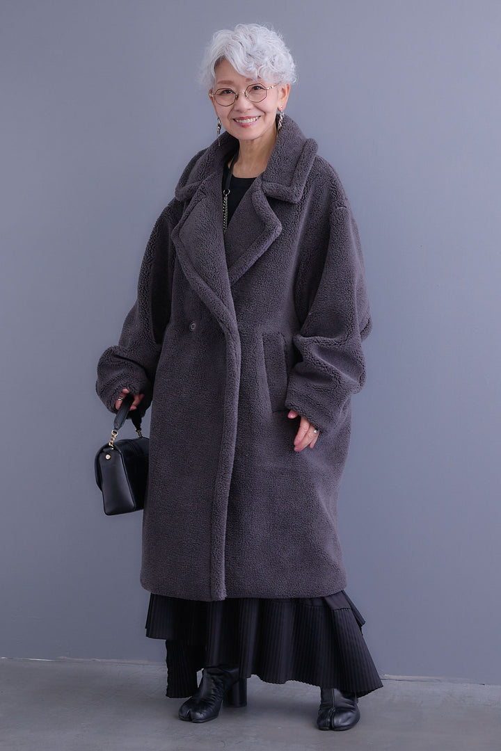 【SET】アシンメトリーロンT+テディボアロングコート+アシンメトリープリーツスカート(3set)
