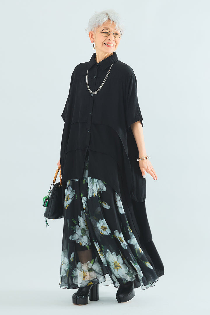 【SET】ティアードバックロングシャツ+ウォーターカラーシアーフラワースカート(2set)
