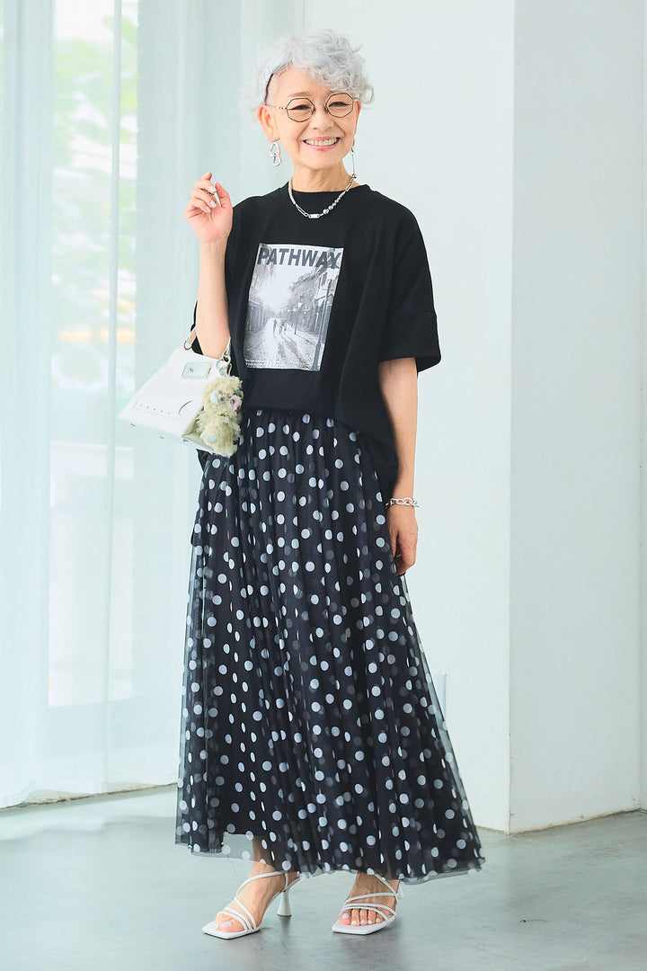 【SET】PATHWAYPhotoオーバースリットT+ドットチュールフレアスカート(2set)