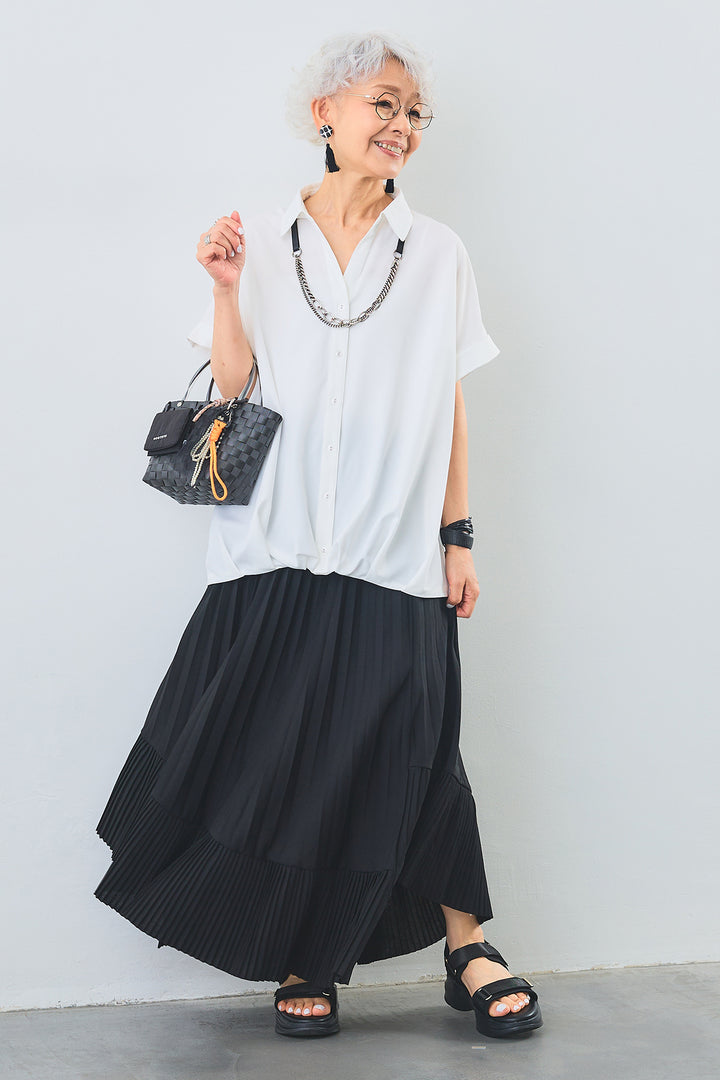 【SET】タックインデザインスキッパーシャツ+アシンメトリーラッフルプリーツスカート(2set)