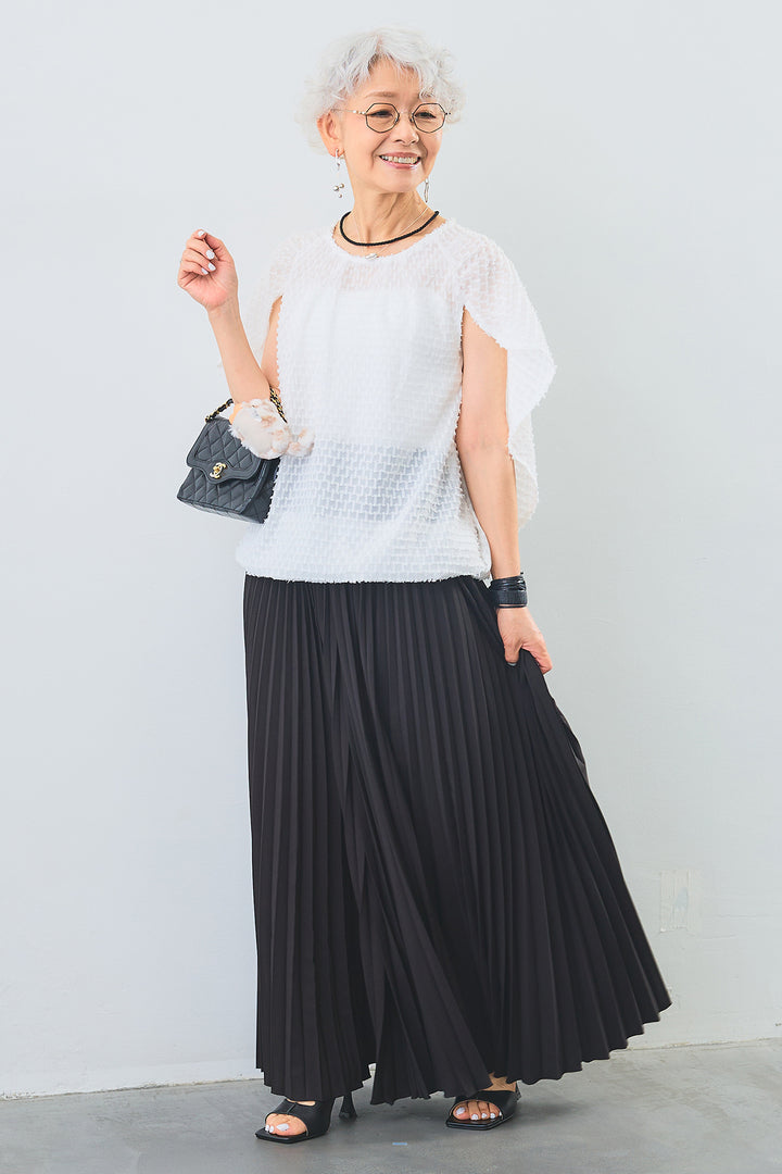 【SET】ダブルストラップカップ付きキャミ+ケープシルエットシアーブラウス+プリーツフレアパンツ(3set)