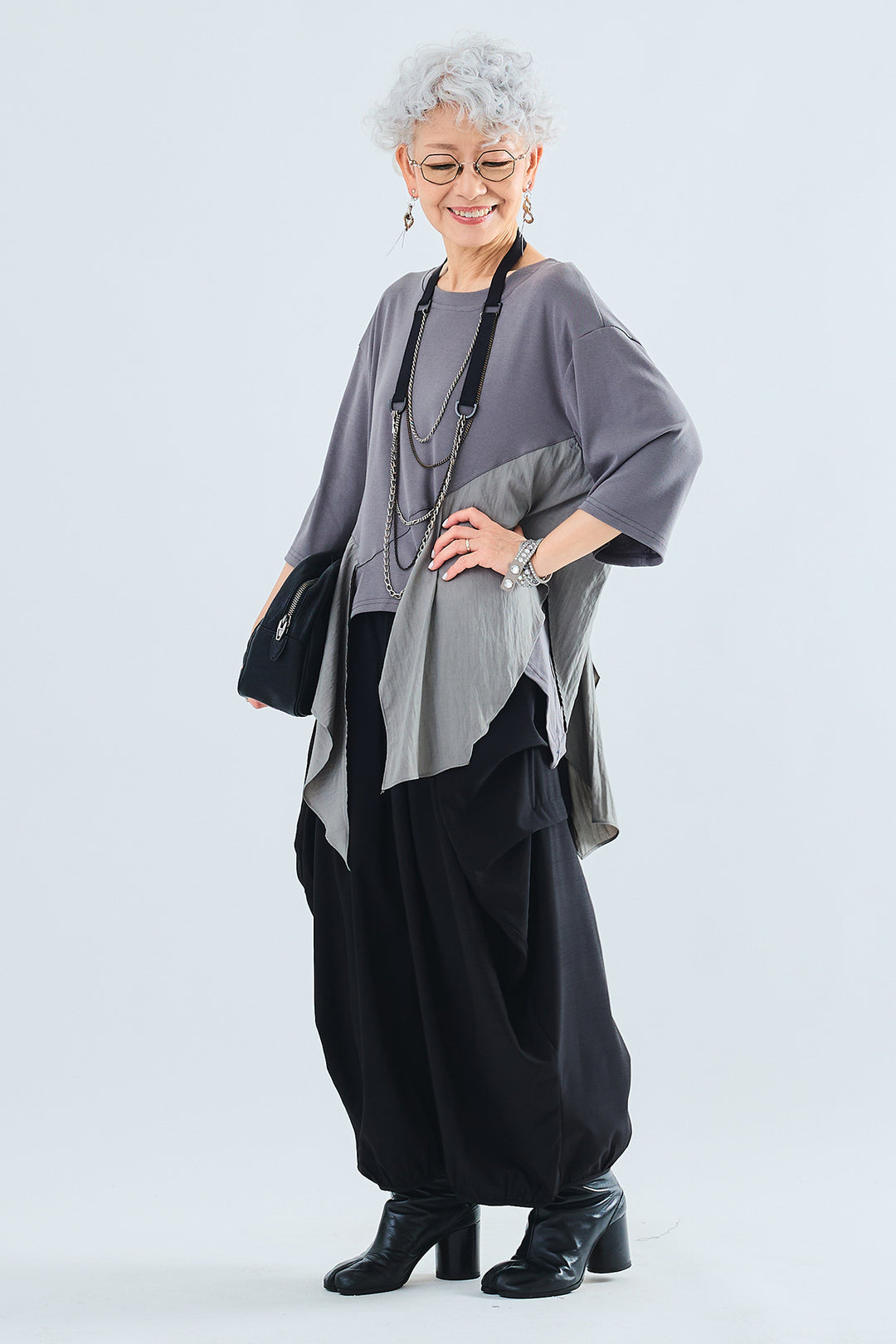 【SET】異素材MIXドレープアシンメトリーT+ワイドコクーンシルエットサルエルパンツ(2set)