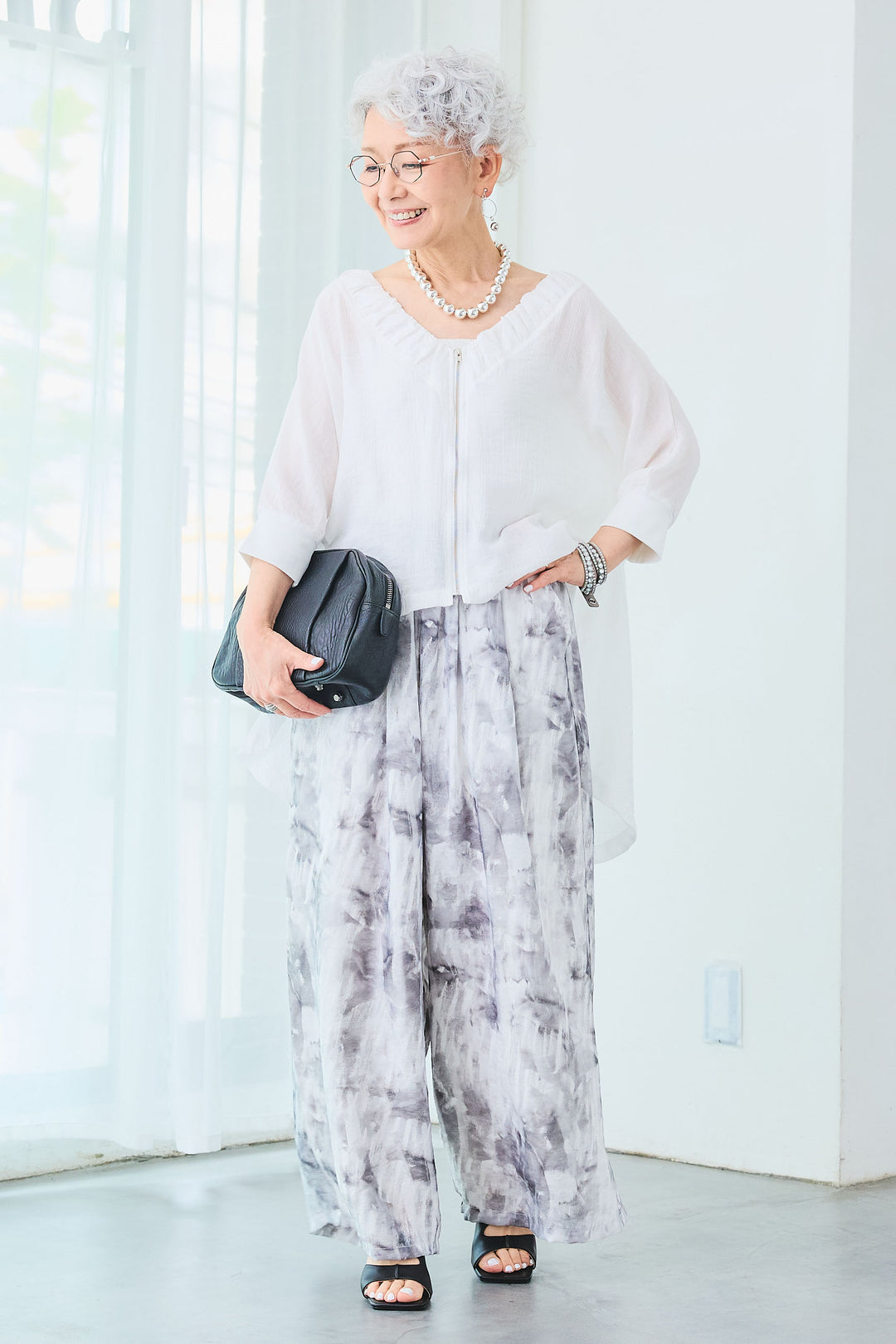 【SET】ギャザーネックロングテールZIPブラウス+ニュアンスカラーダブルタックパンツ(2set)