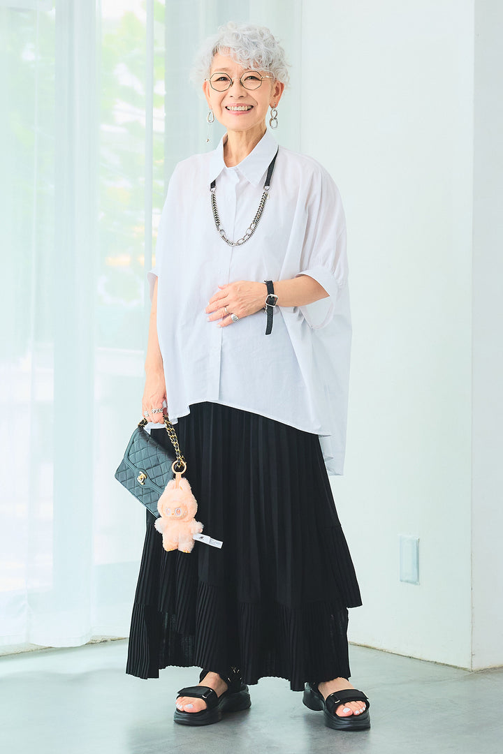 【SET】ドロップスリーブバックロングオーバーシャツ+アシンメトリーラッフルプリーツスカート(2set)