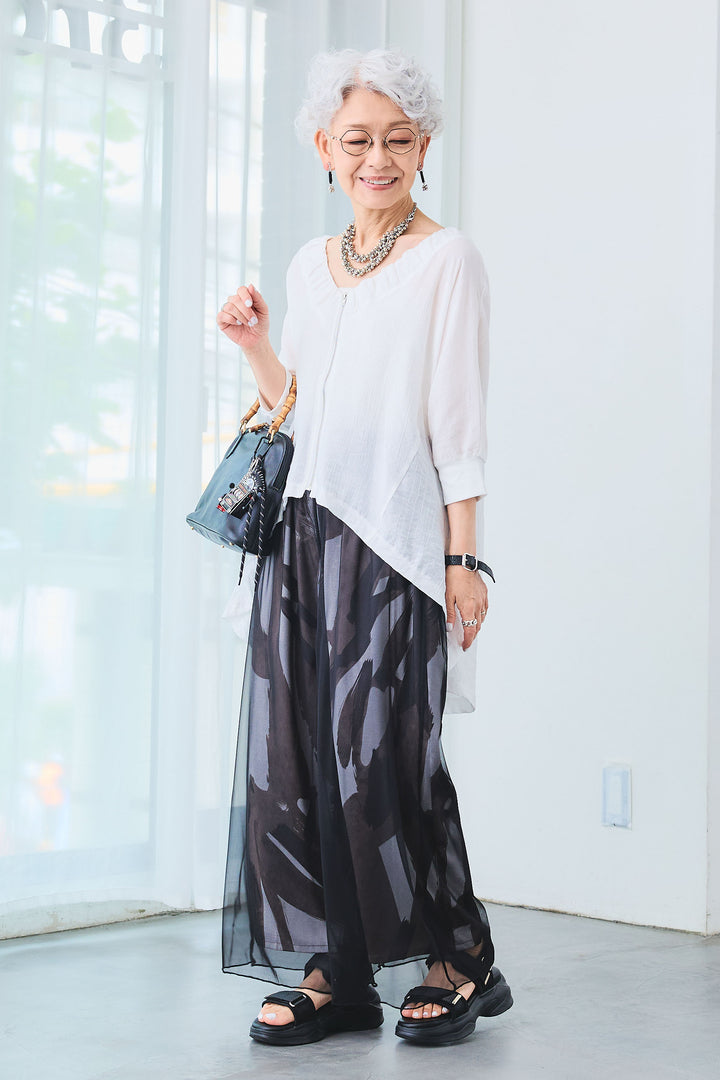 【SET】ギャザーネックロングテールZIPブラウス+シアーチュールレイヤードアートパンツ(2set)