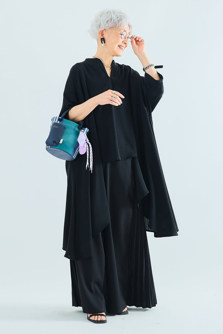 【SET】スキッパーアシンメトリーロングシャツ+サイドプリーツワイドパンツ(2set)