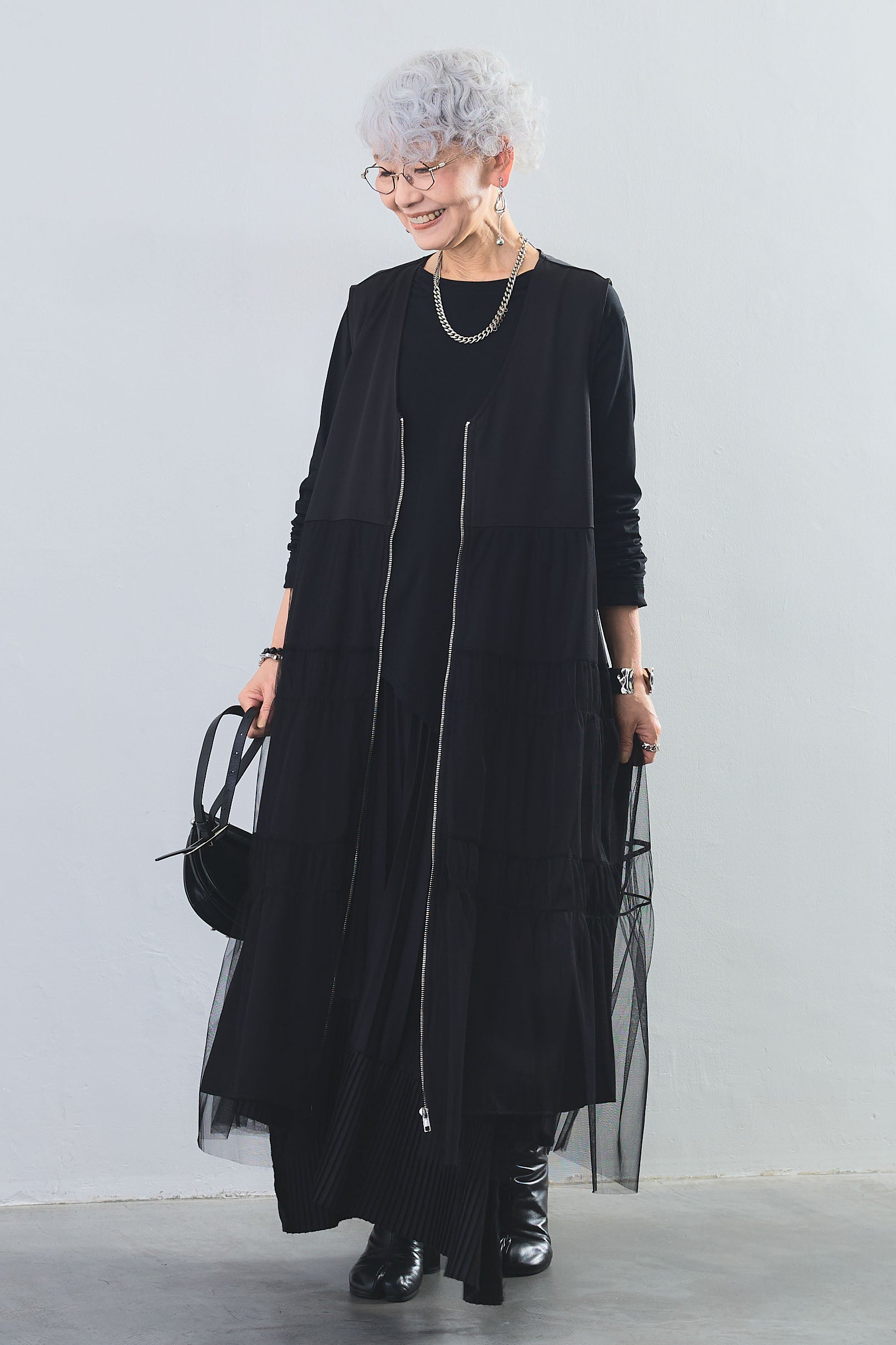 SET】アシンメトリーロンT+ティアードチュールZIPデザインベスト