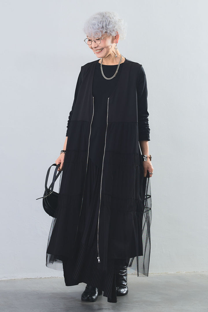 【SET】アシンメトリーロンT+ティアードチュールZIPデザインベストワンピース+アシンメトリープリーツスカート(3set)