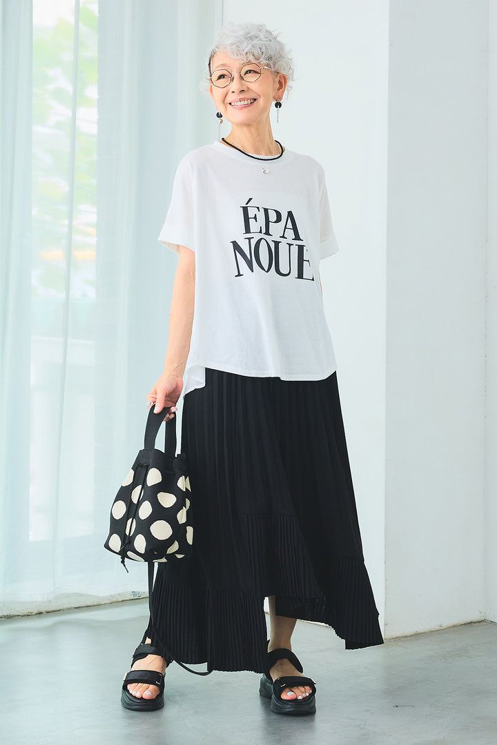 【SET】ÉPANOUEバックシフォンフレアロゴT+アシンメトリーラッフルプリーツスカート(2set)