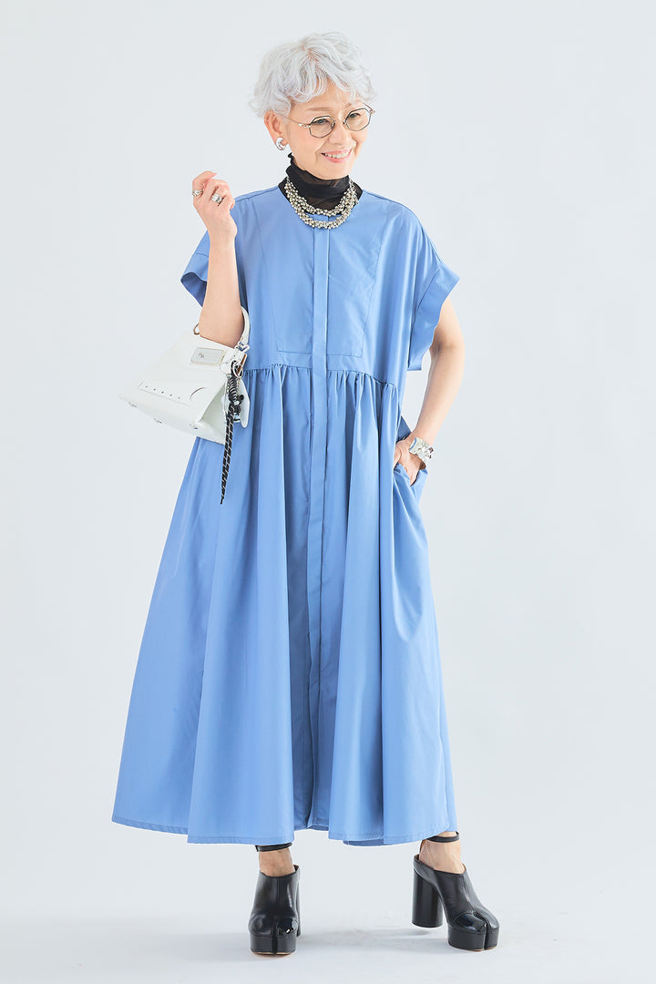 【SET】シアーハイネックノースリトップス+オーバーフレンチスリーブギャザーシャツワンピース(2set)