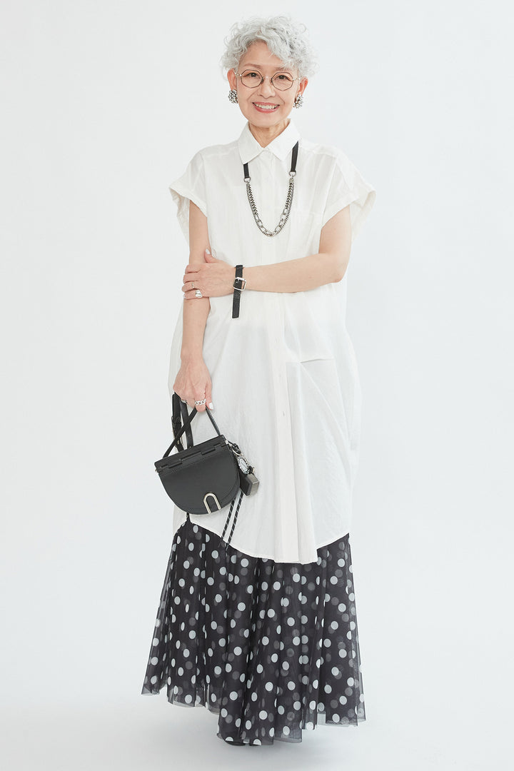 【SET】タックアシンメトリーロングシャツ+ドットチュールフレアスカート(2set)