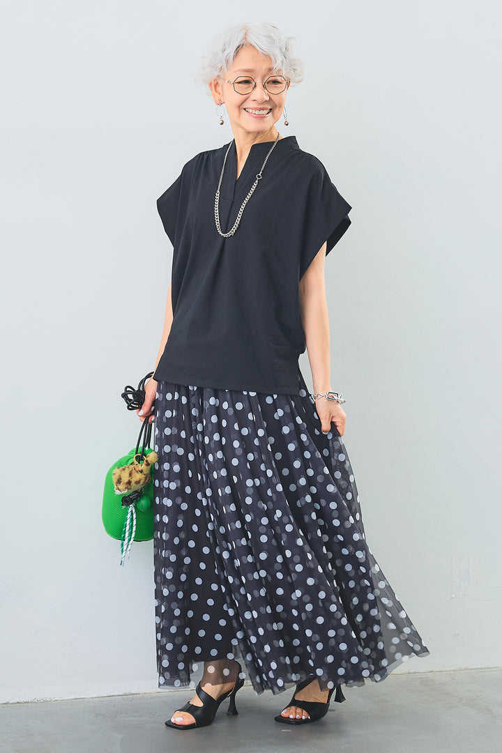 【SET】キーネックボックスシルエットT+ドットチュールフレアスカート(2set)