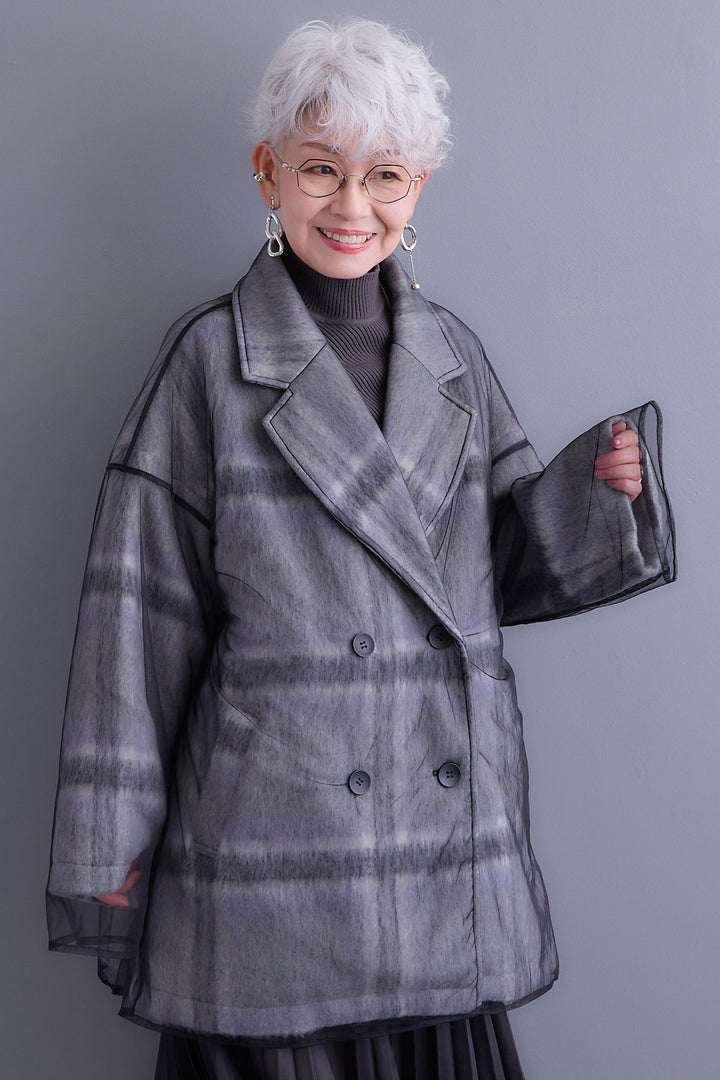 【SET】アシンメトリーオーバーニット+チュールレイヤードシャギーチェックコート+アシンメトリープリーツスカート(3set)