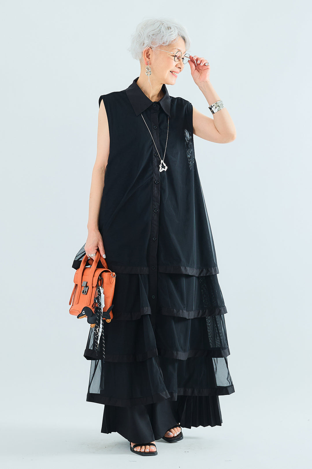 【SET】チュールティアードノースリロングシャツ+サイドプリーツワイドパンツ(2set)