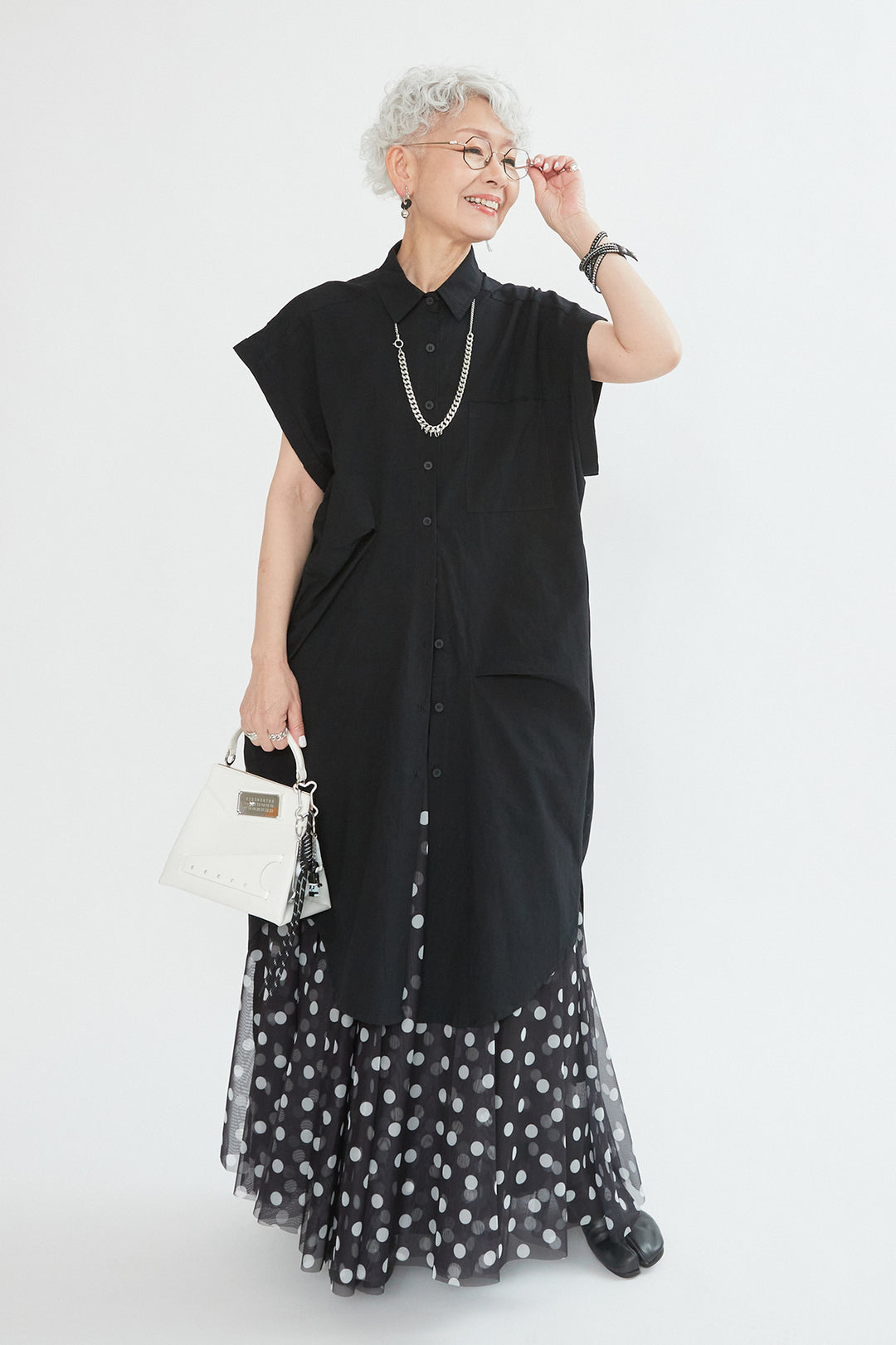 【SET】タックアシンメトリーロングシャツ+ドットチュールフレアスカート(2set)