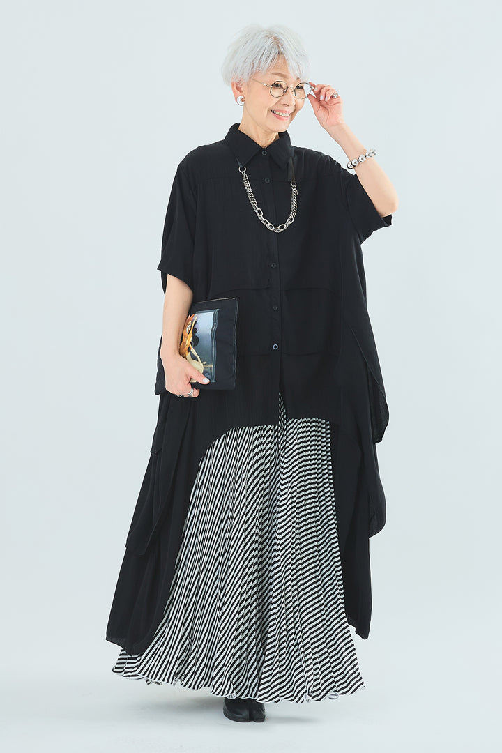 【SET】ティアードバックロングシャツ+サマーストライプロングスカート(2set)