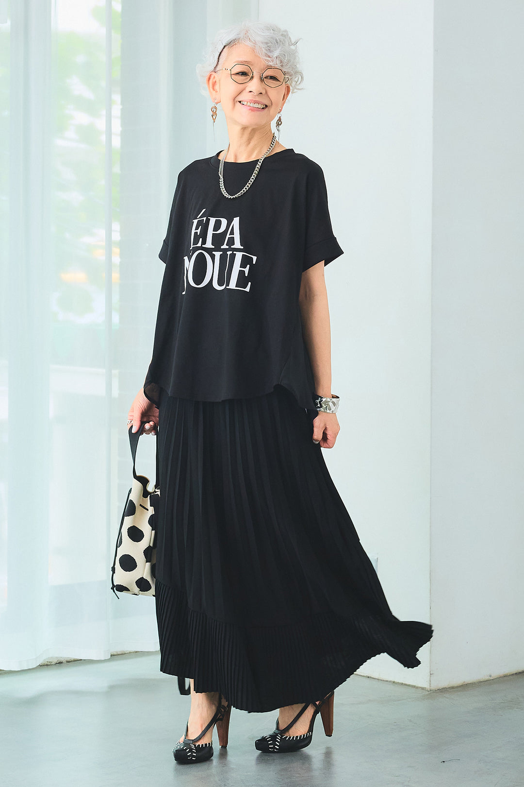 【SET】ÉPANOUEバックシフォンフレアロゴT+アシンメトリーラッフルプリーツスカート(2set)
