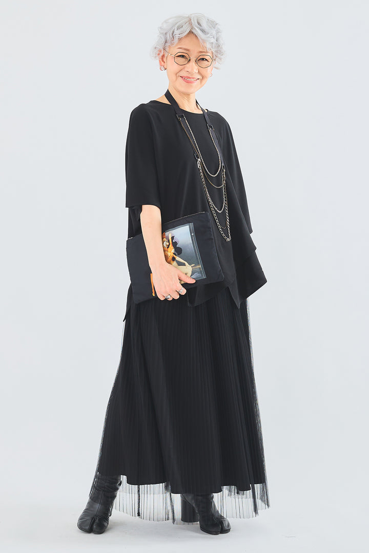 【SET】ジョーゼットシフォンケープアシンメトリーブラウス+シアーチュールプリーツスカート(2set)