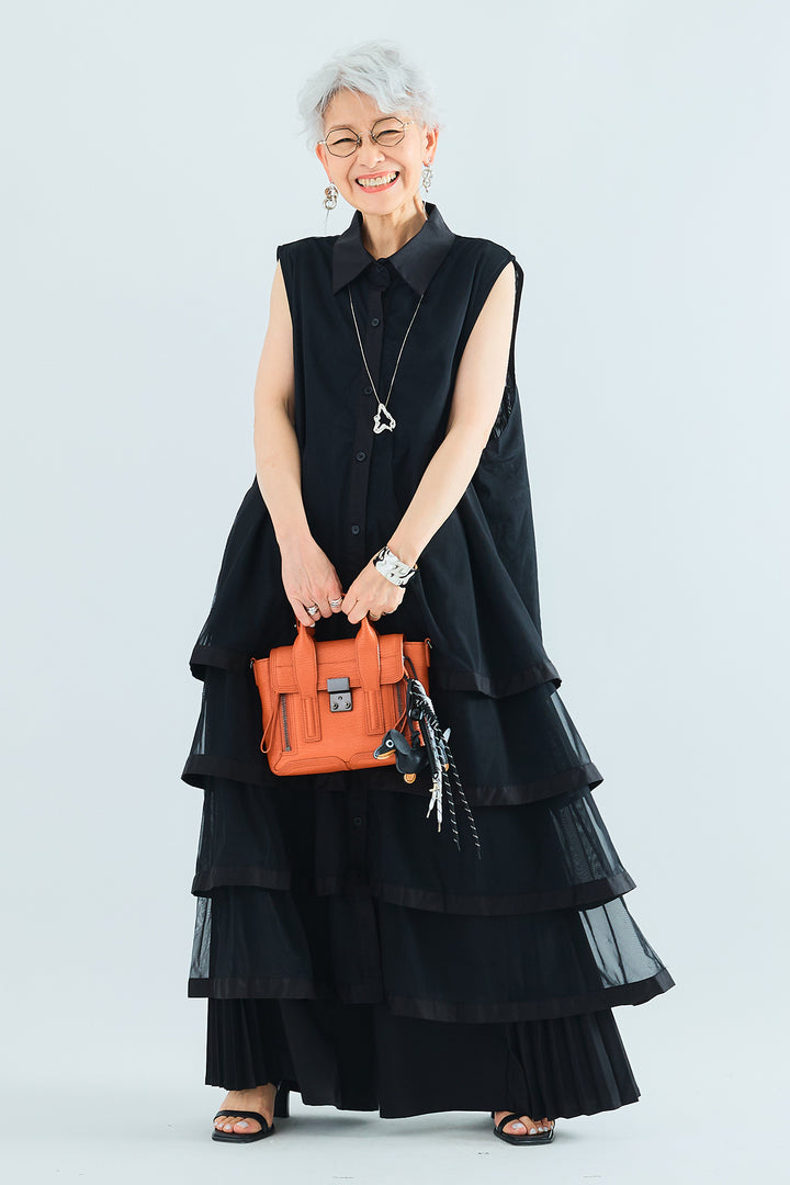 【SET】チュールティアードノースリロングシャツ+サイドプリーツワイドパンツ(2set)