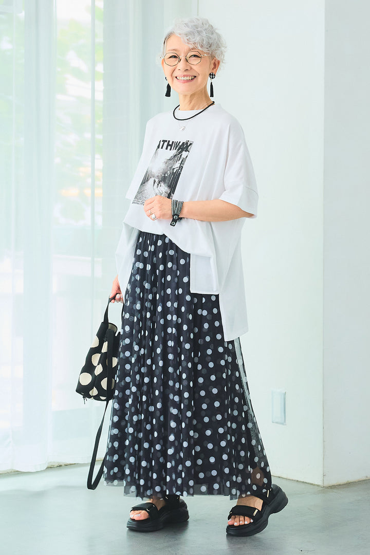 【SET】PATHWAYPhotoオーバースリットT+ドットチュールフレアスカート(2set)