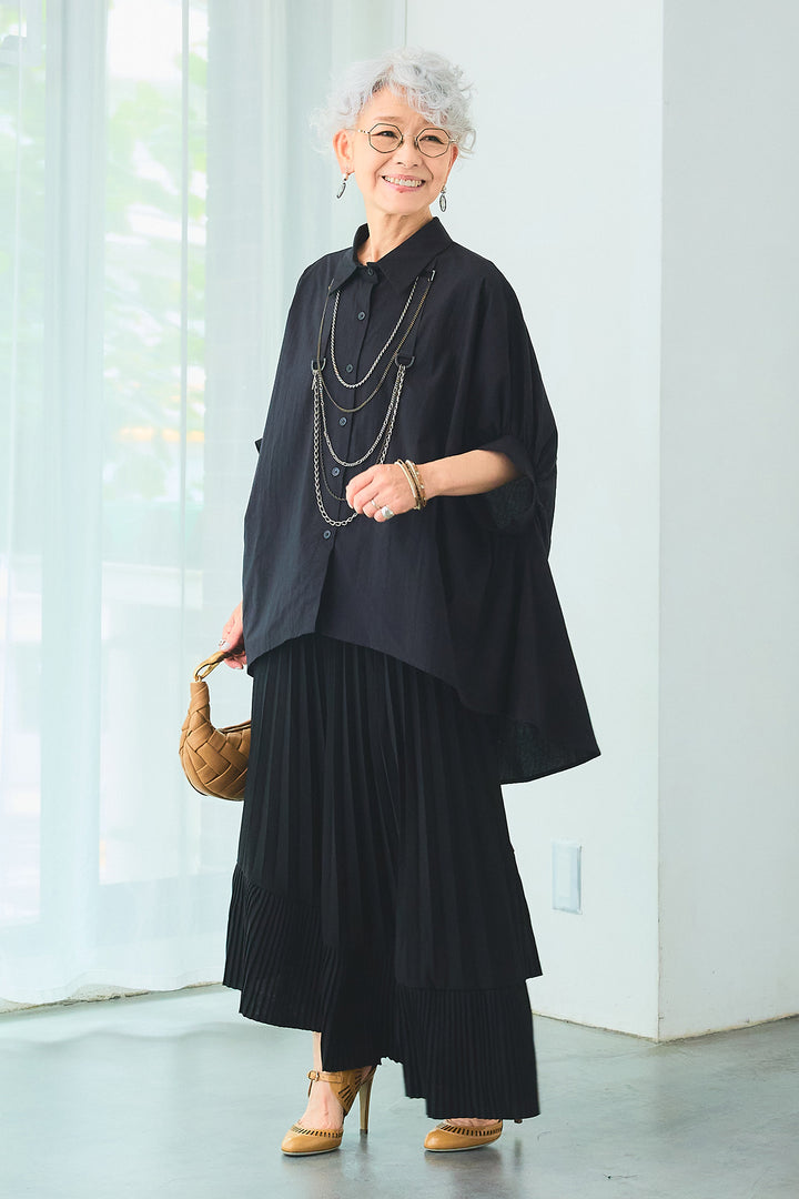 【SET】ドロップスリーブバックロングオーバーシャツ+アシンメトリーラッフルプリーツスカート(2set)