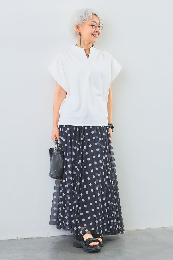 【SET】キーネックボックスシルエットT+ドットチュールフレアスカート(2set)
