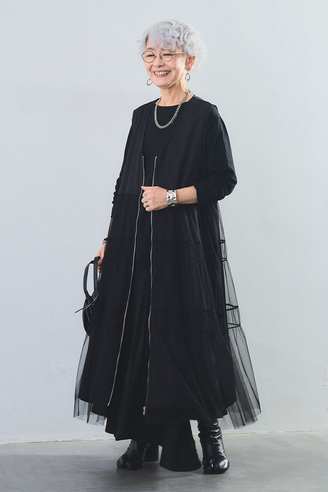 【SET】アシンメトリーロンT+ティアードチュールZIPデザインベストワンピース+アシンメトリープリーツスカート(3set)