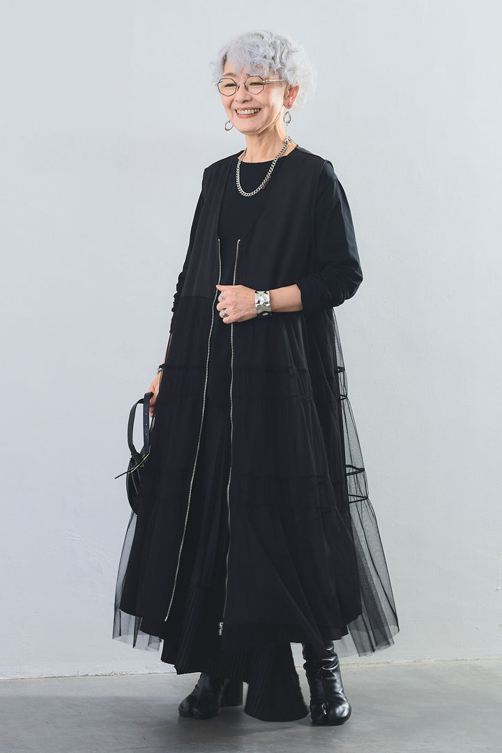 【SET】アシンメトリーロンT+ティアードチュールZIPデザインベストワンピース+アシンメトリープリーツスカート(3set)