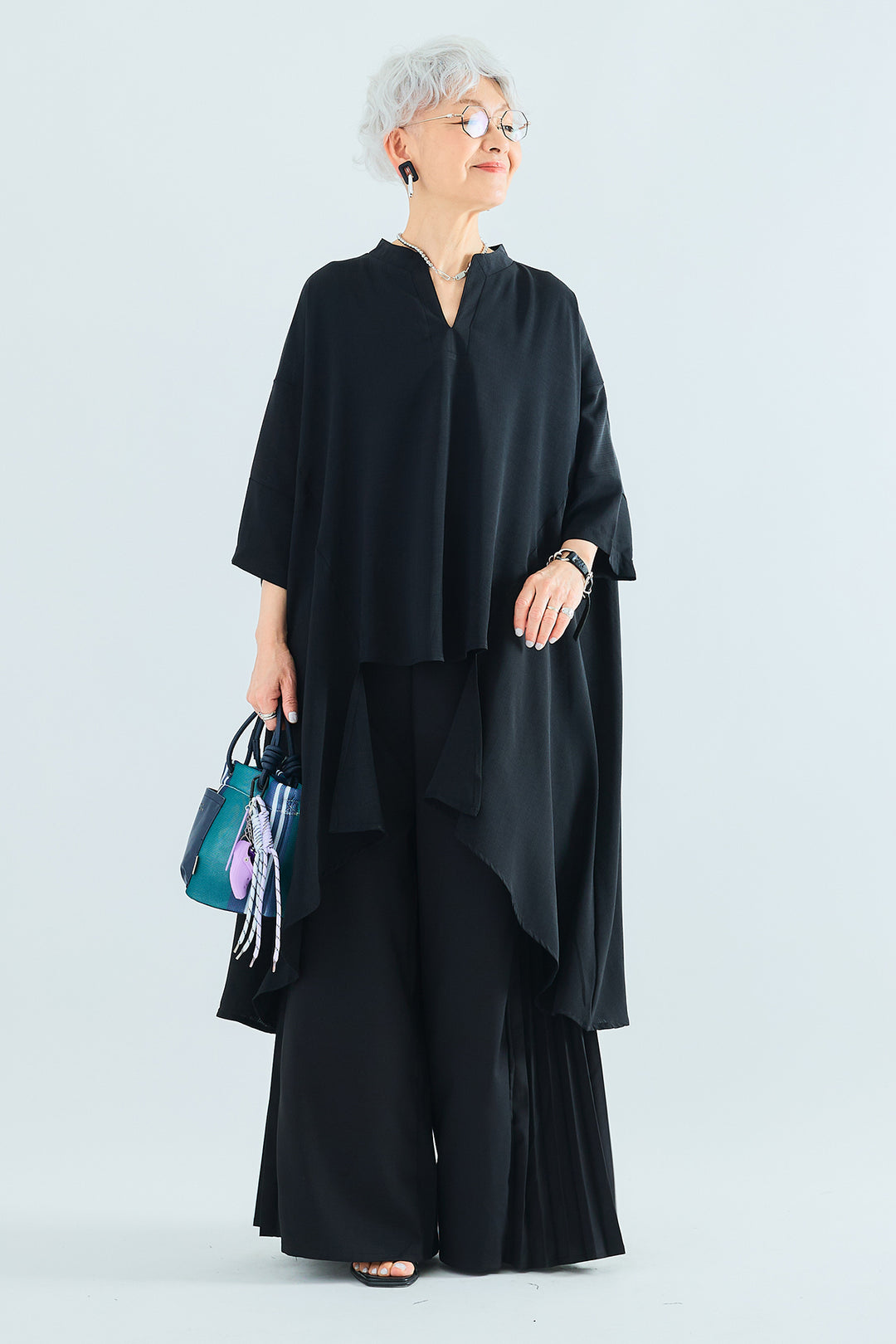 【SET】スキッパーアシンメトリーロングシャツ+サイドプリーツワイドパンツ(2set)