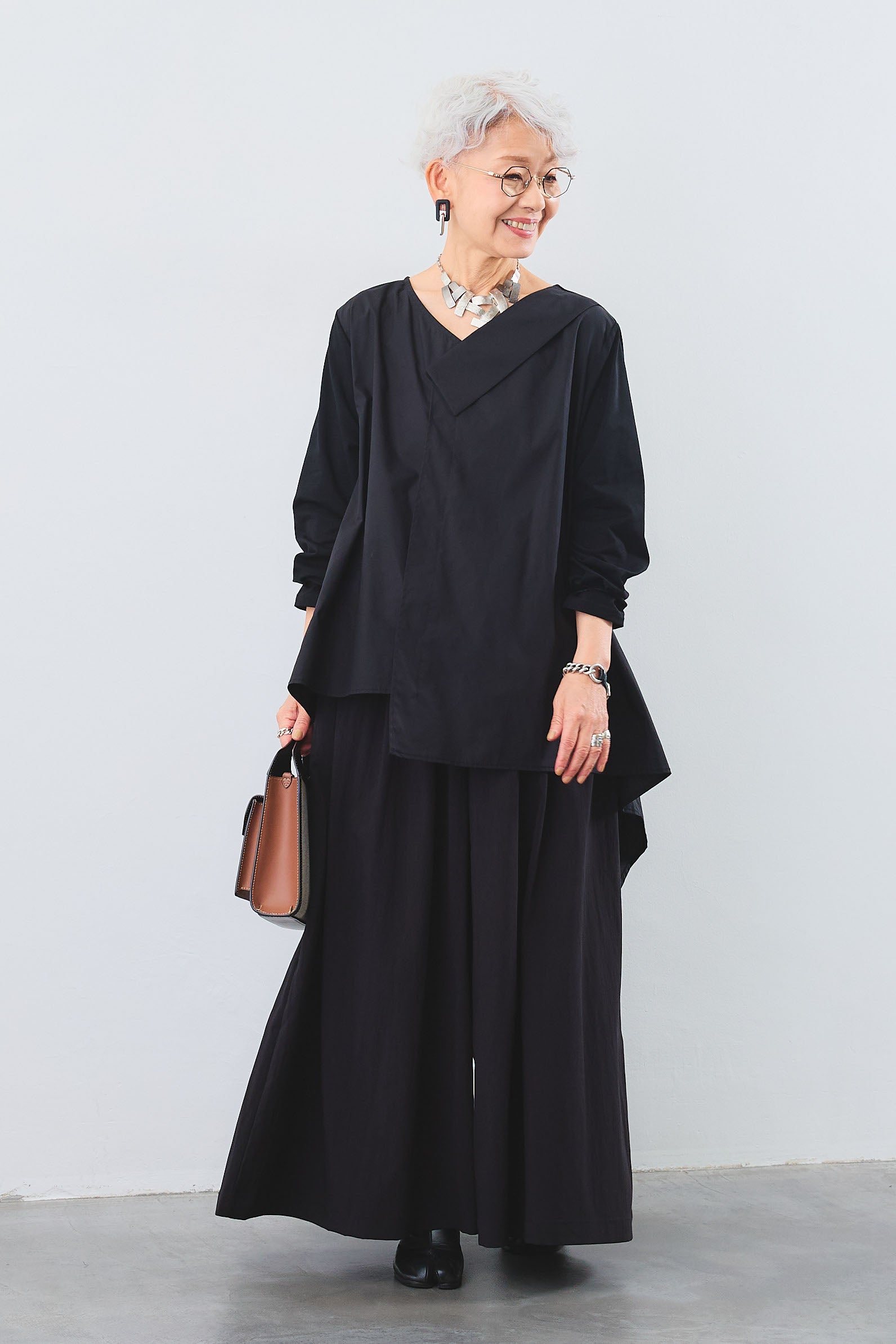 SET】Vネックカラーアシンメトリーチュニックシャツ+ワイド