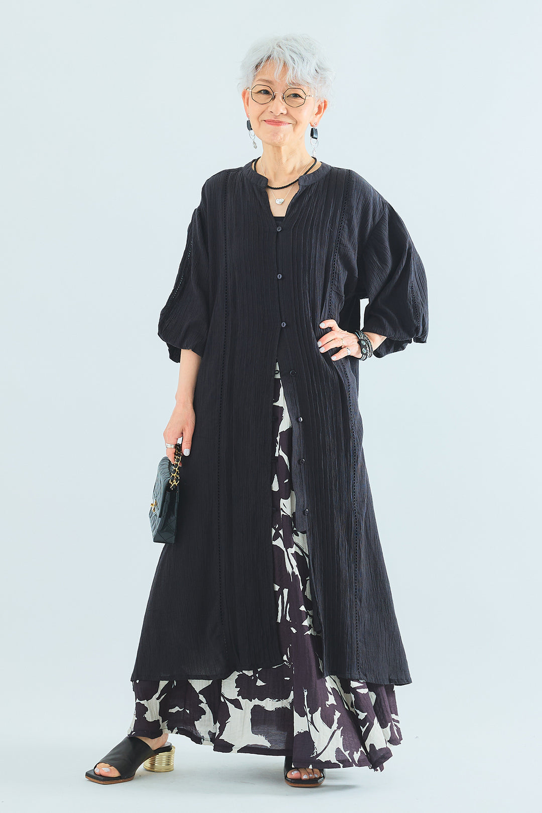 【SET】インディアンコットン×レースボリュームスリーブシャツワンピース+モノトーンフラワーフレアスカート(2set)
