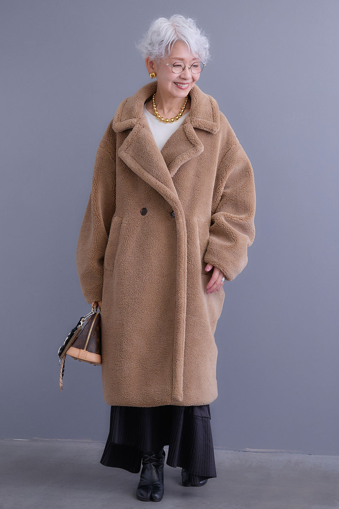 【SET】アシンメトリーロンT+テディボアロングコート+アシンメトリープリーツスカート(3set)