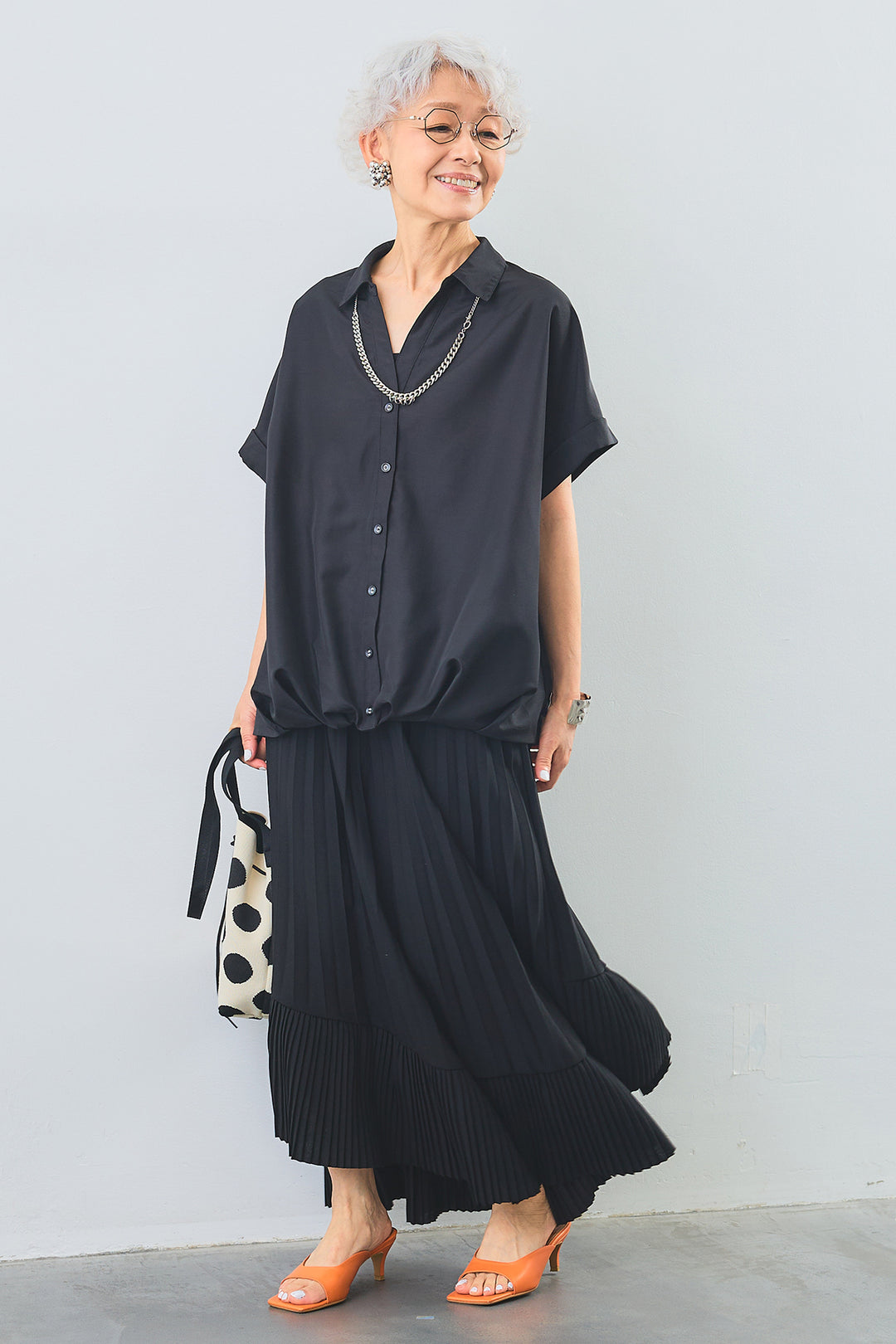 【SET】タックインデザインスキッパーシャツ+アシンメトリーラッフルプリーツスカート(2set)