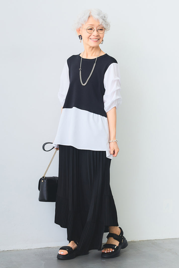 【SET】タックスリーブベストドッキングトップス+アシンメトリーラッフルプリーツスカート(2set)