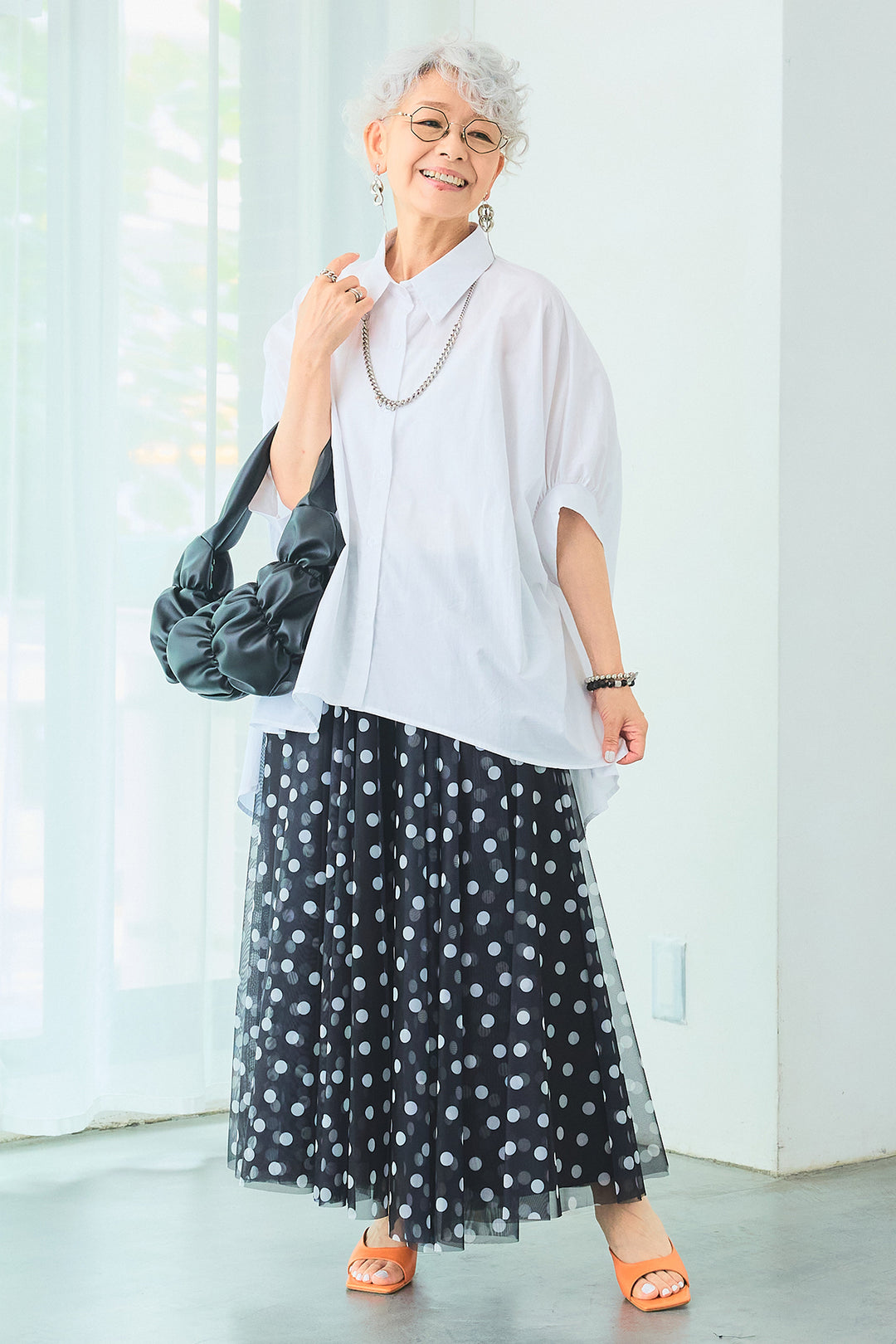 【SET】ドロップスリーブバックロングオーバーシャツ+ドットチュールフレアスカート(2set)