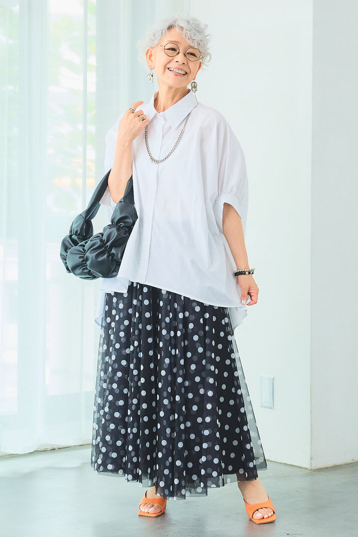 【SET】ドロップスリーブバックロングオーバーシャツ+ドットチュールフレアスカート(2set)