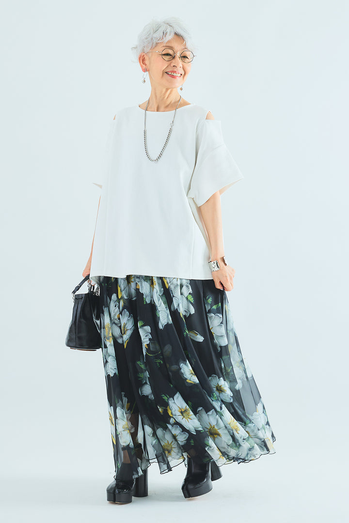 【SET】カッティングショルダーオーバートップス+ウォーターカラーシアーフラワースカート(2set)