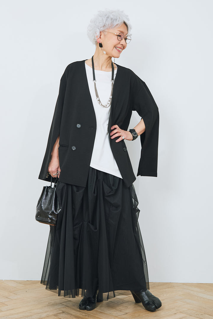 【SET】アシンメトリーロンT+袖2wayスリットノーカラージャケット+チュールタックギャザースカート(3set)