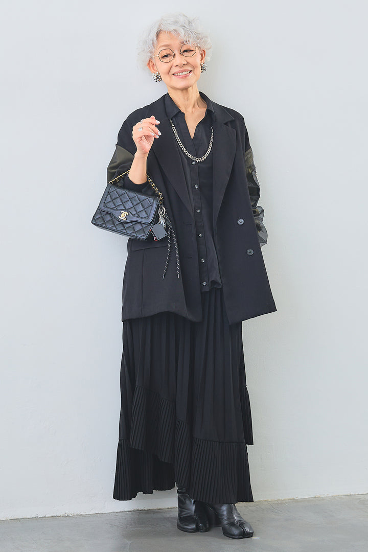 【SET】タックインデザインスキッパーシャツ+チュールレイヤードMA-1ジャケット+アシンメトリーラッフルプリーツスカート(3set)