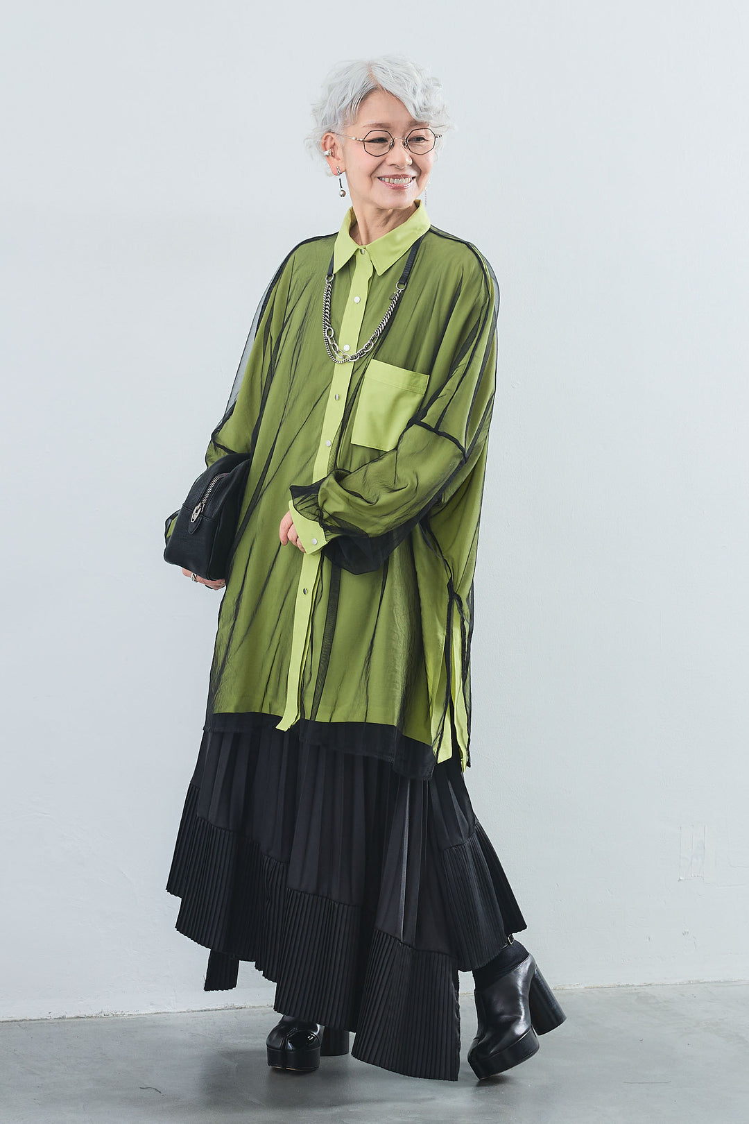 【SET】オーバーチュールレイヤードロングシャツ+アシンメトリープリーツスカート(2set)