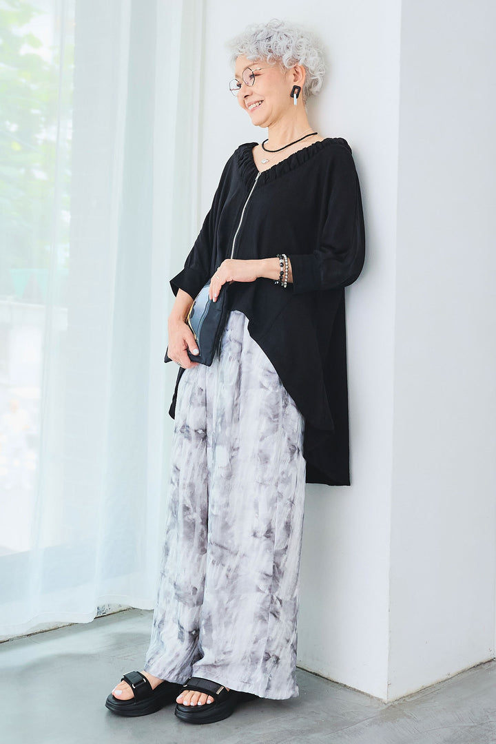 【SET】ギャザーネックロングテールZIPブラウス+ニュアンスカラーダブルタックパンツ(2set)