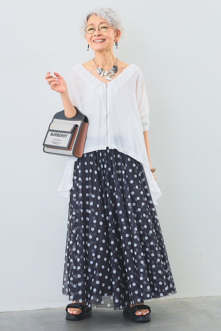 【SET】ギャザーネックロングテールZIPブラウス+ドットチュールフレアスカート(2set)