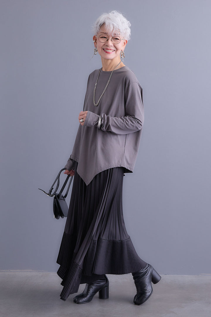 【SET】アシンメトリーロンT+アシンメトリープリーツスカート(2set)